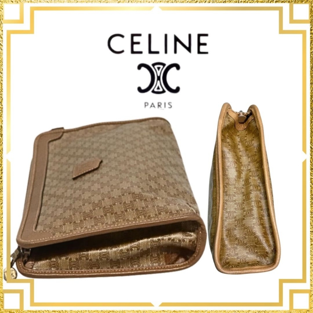 CELINE Macadam Italy M03 Large Leather Carmel Clutch Cosmetic Bag Monogram EUC - Picture 5 of 10